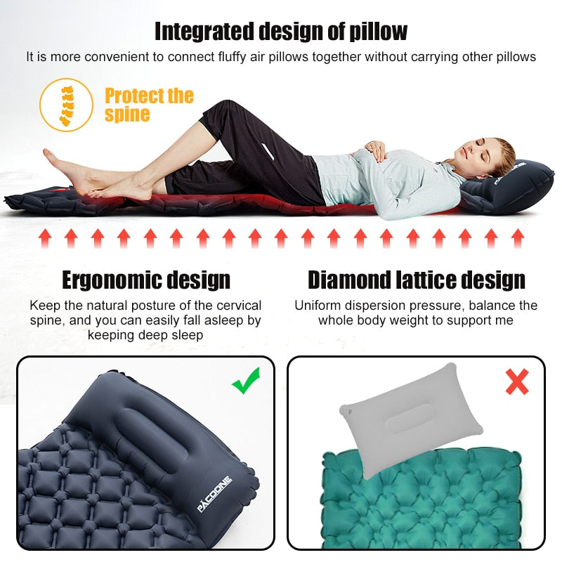 Outdoor Camping Sleeping Pad, Inflatable Mattress with Pillow. Ultralight Air Mat Built-in Inflator Pump