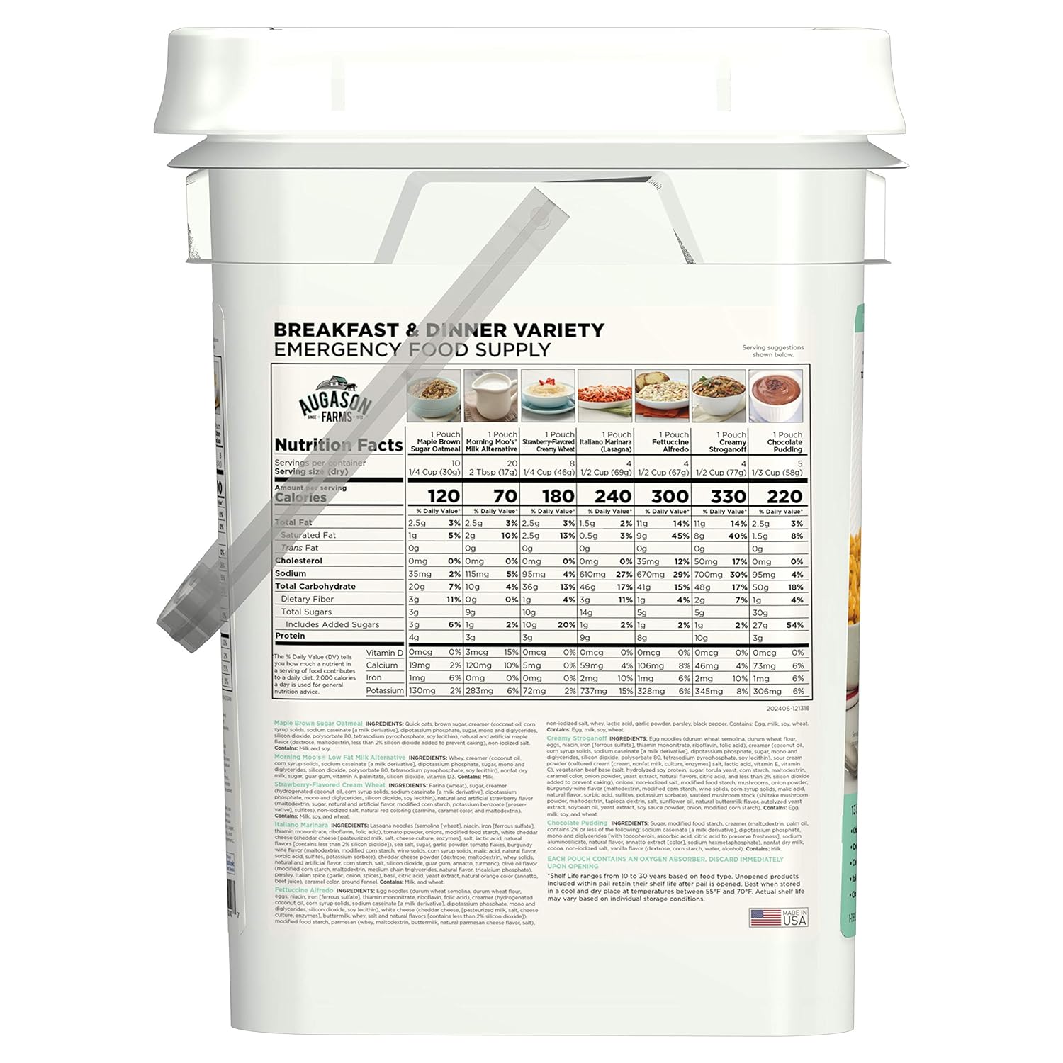 Augason Farms Breakfast and Dinner Variety Pail Emergency Food Supply 4 Gallon Pail- 106 Servings