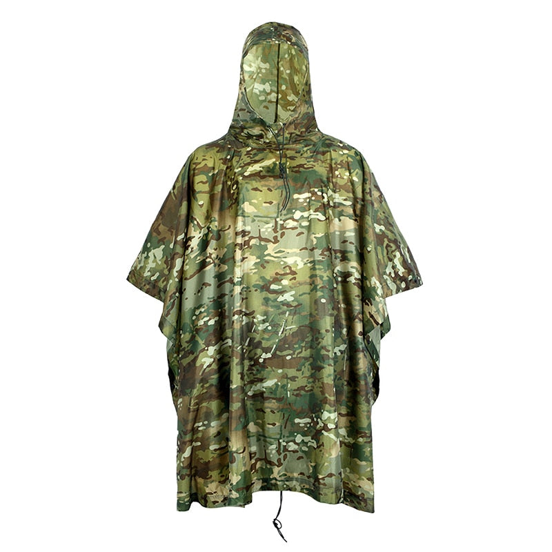 Camo Poncho Army Tactical Raincoat- Hooded Breathable Rainwear
