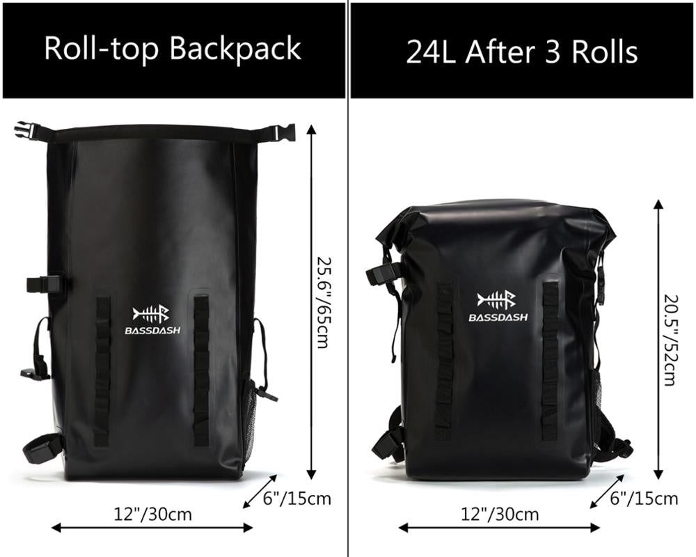 Waterproof TPU Backpack 24L Roll-Top Dry Bag with Rod Holder for Fishing, Hiking, Camping, Kayaking, Rafting